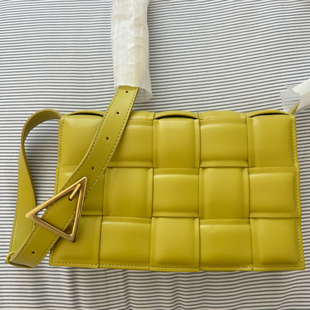 yellow green padded leather crossbody bag